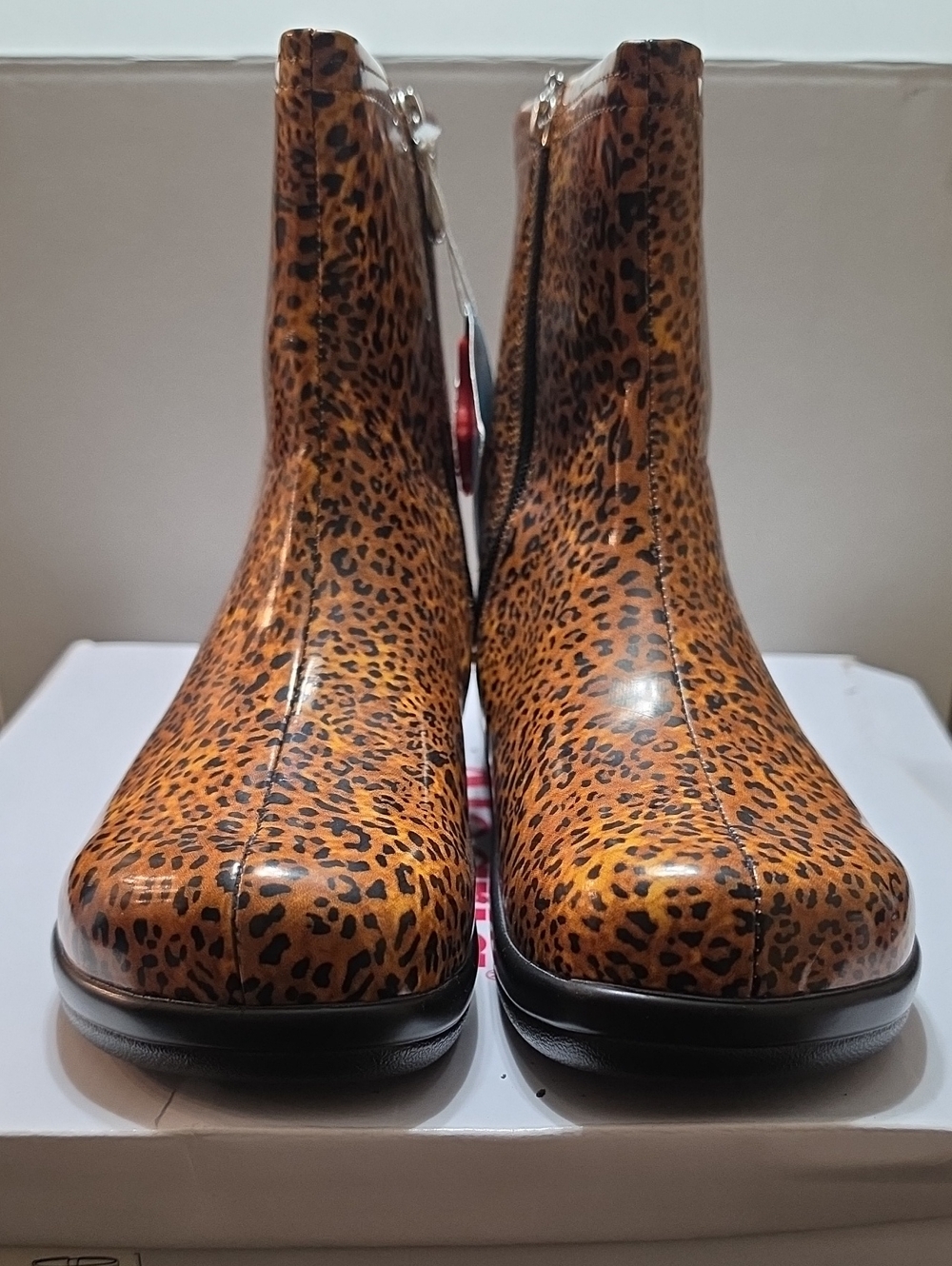 Alegria Leopard Print Ankle RainBoot in Brown and Black